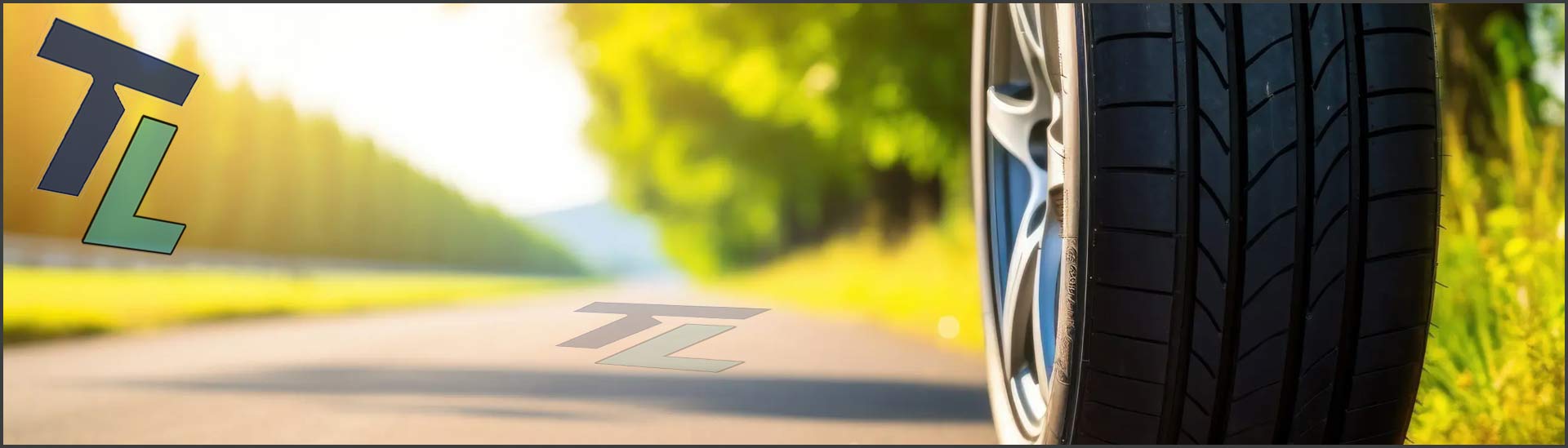 This image shows a car tire on a bright lit road with green geass verges, sun shining on the trees which looks like a summer's day